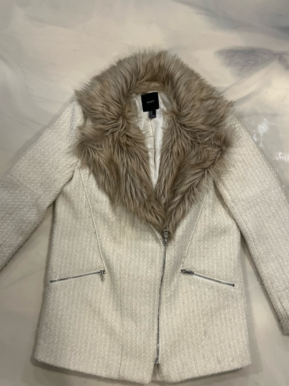 Forever 21 Cream Bouclé Jacket with Taupe Faux Fur Shawl Collar